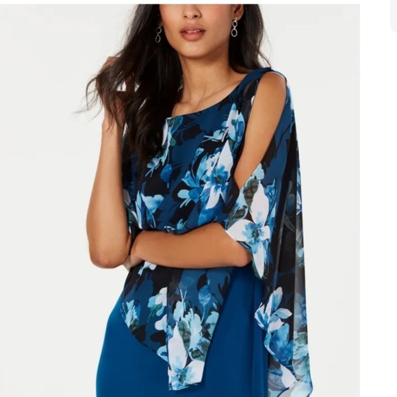 Women’s Formal Dress Size 8 P CONNECTED APPAREL Cape Teal Floral Evening Shift - Picture 5 of 7